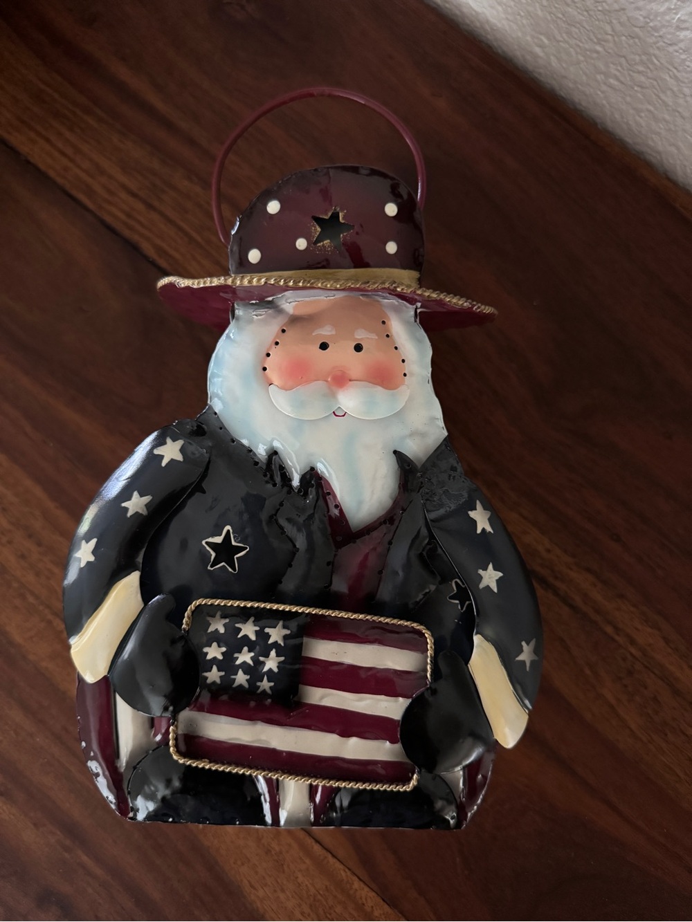 Tin Santa America Flag Tea Light Candle Holder